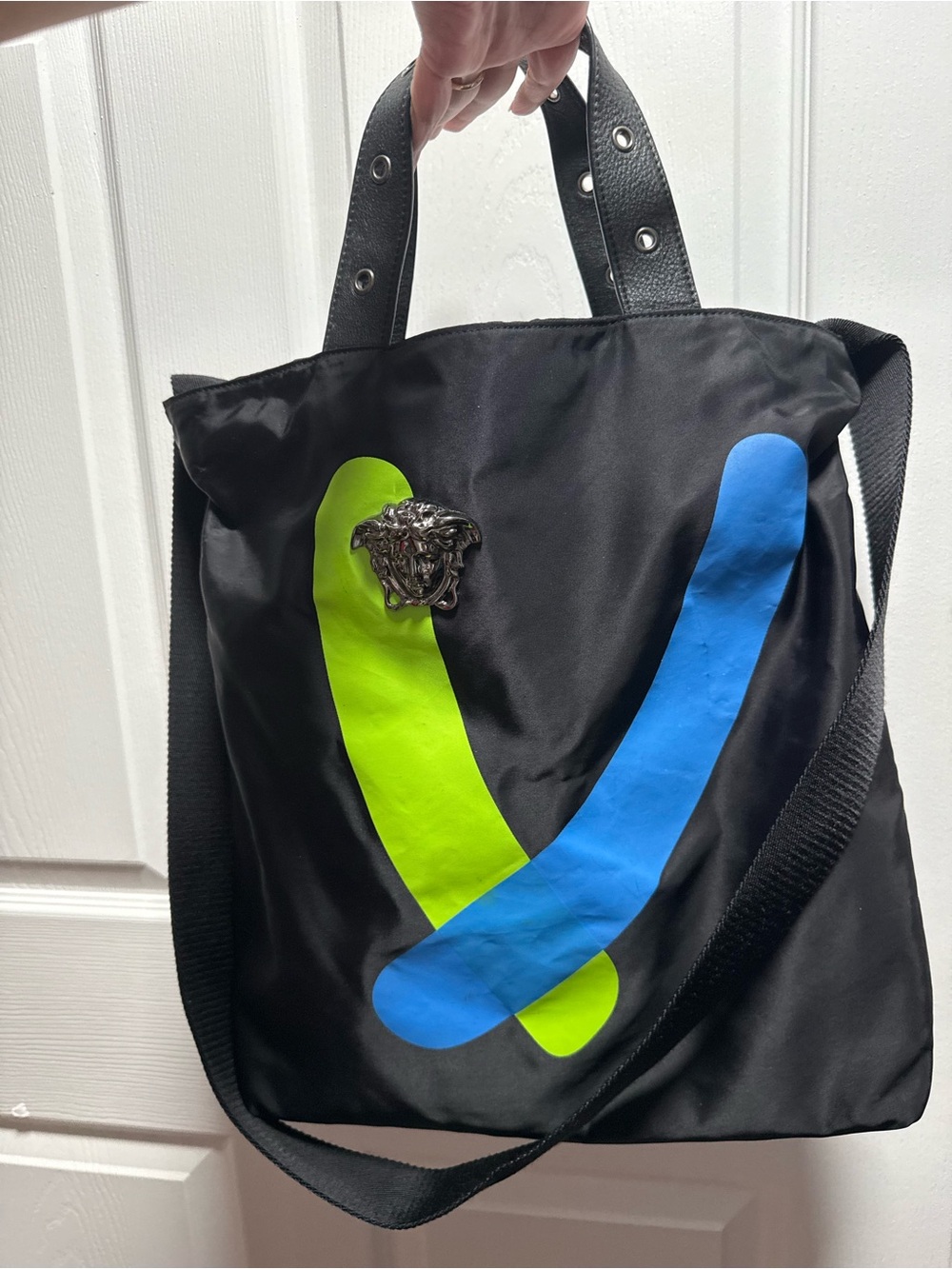 Versace Black Tote with Neon Green and Bright Blue Accents